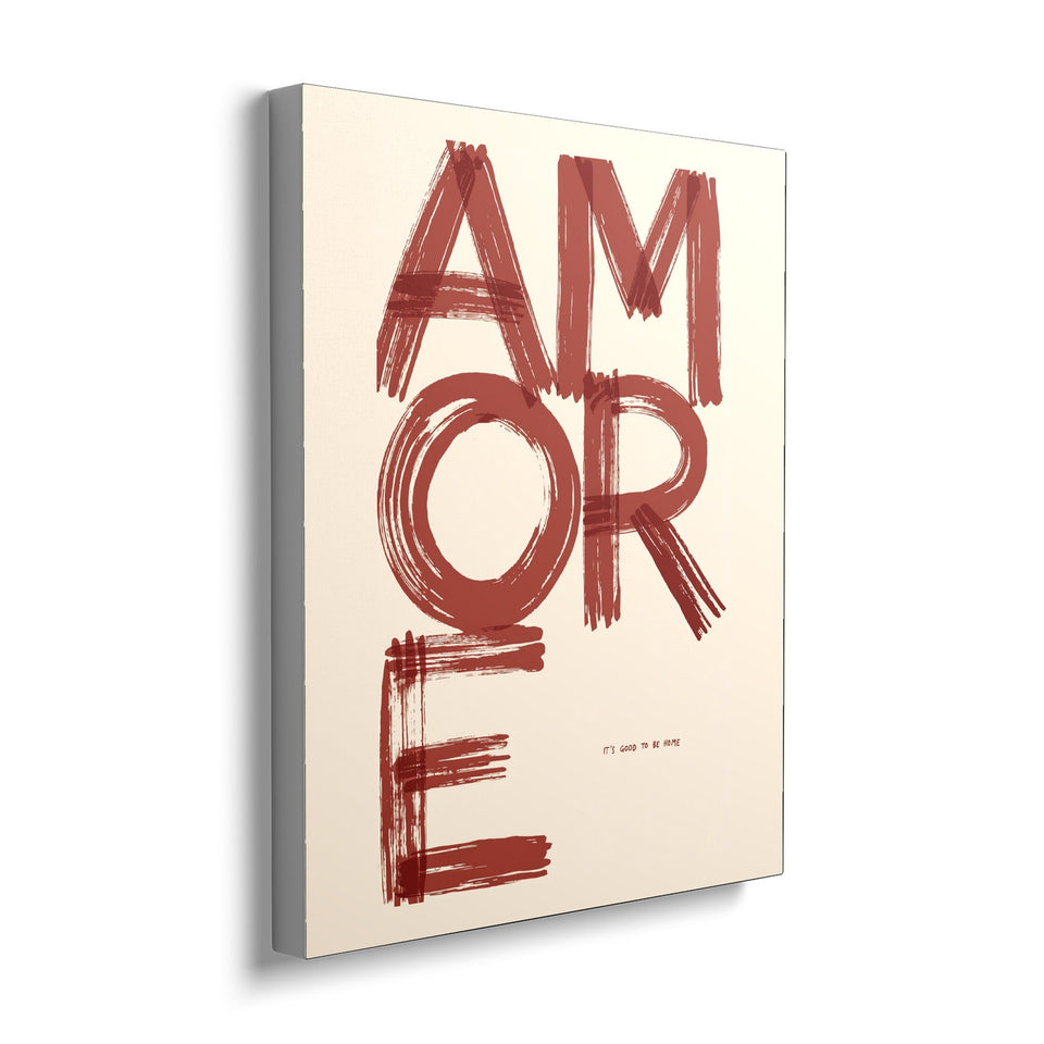 Toile Amore 40 × 50 cm, vue de trois quarts avec tranche blanche : mot « Amore » peint en grandes lettres brun-rouge au pinceau sur fond crème