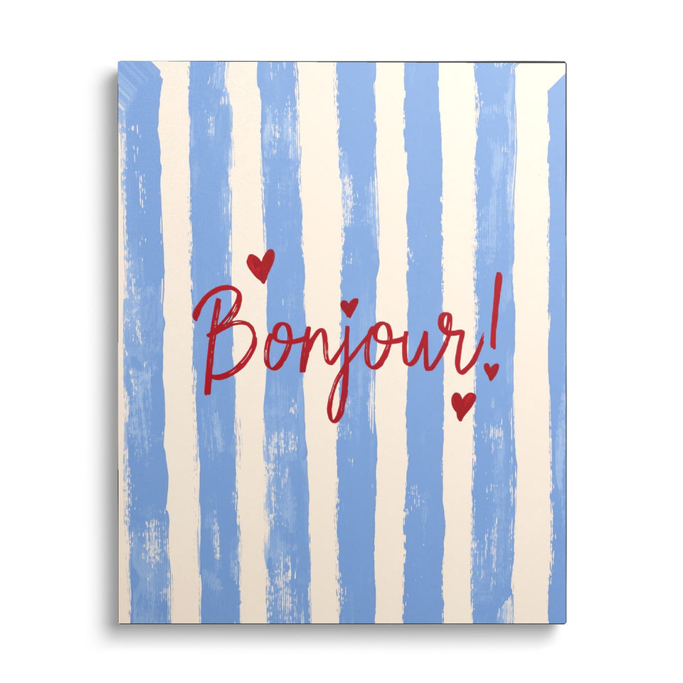 Toile Bien le Bonjour vue de face sur fond blanc : mot « Bonjour ! » en écriture cursive rouge sur des rayures bleues et crème peintes à la main