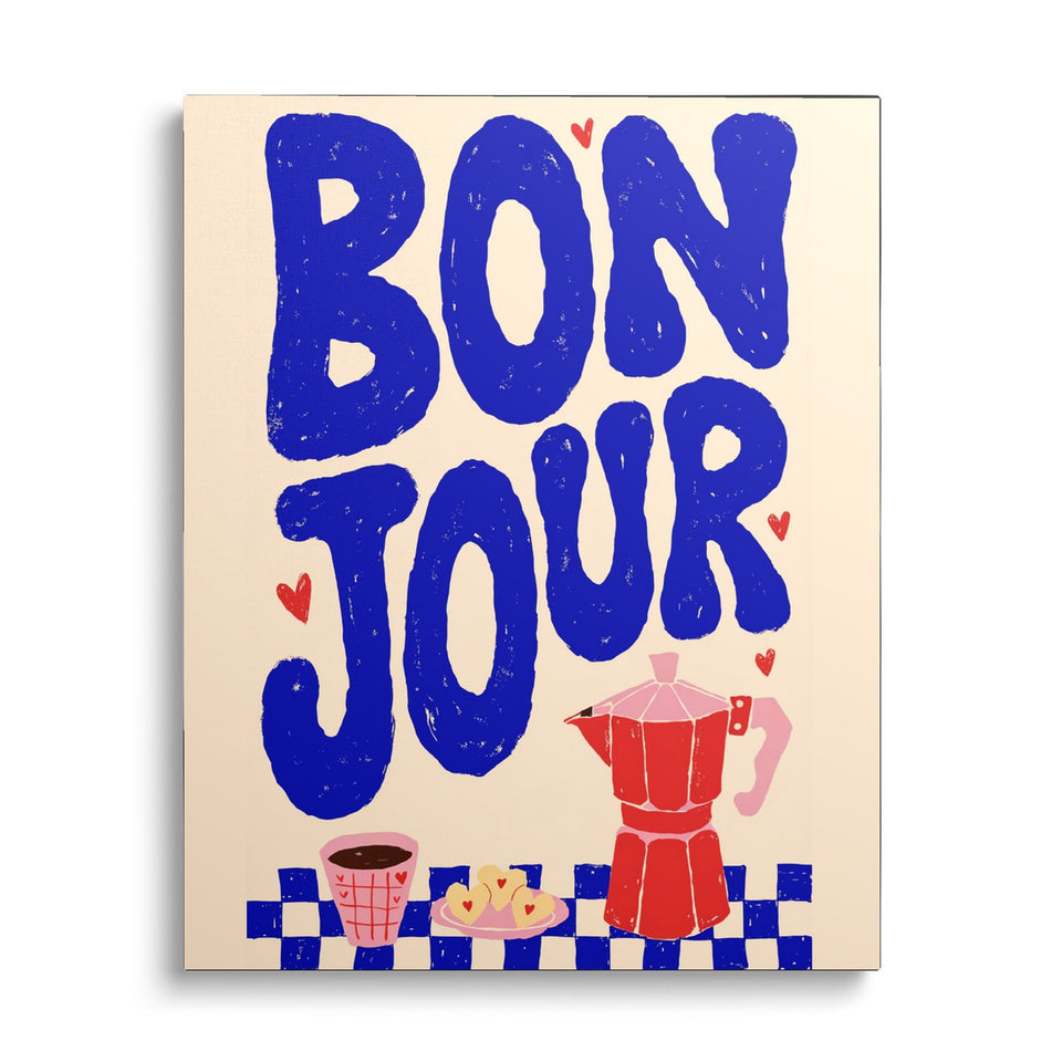 Toile Bonjour vue de face sur fond blanc : lettrage bleu « Bonjour » peint à la main au-dessus d’une cafetière rouge, d’une tasse et d’une nappe à damier