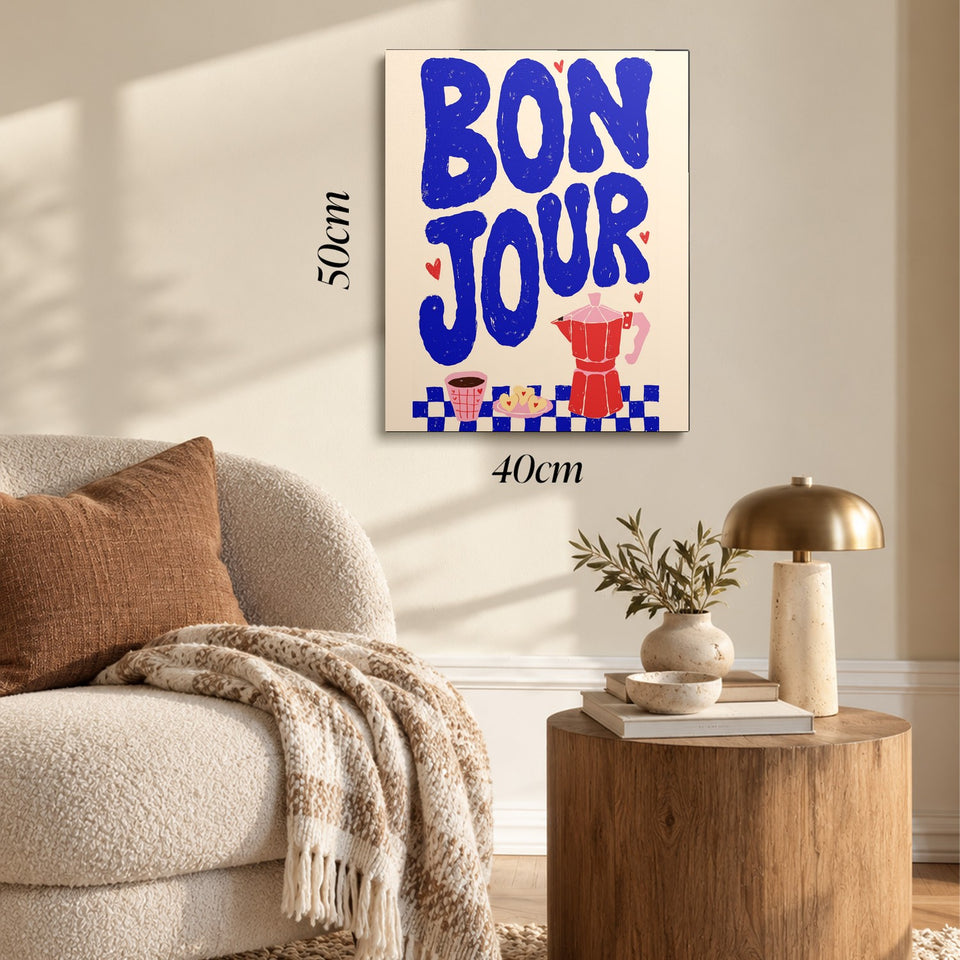 Toile Bonjour accrochée dans un salon au-dessus d’un canapé, avec ses cotes 40 × 50 cm