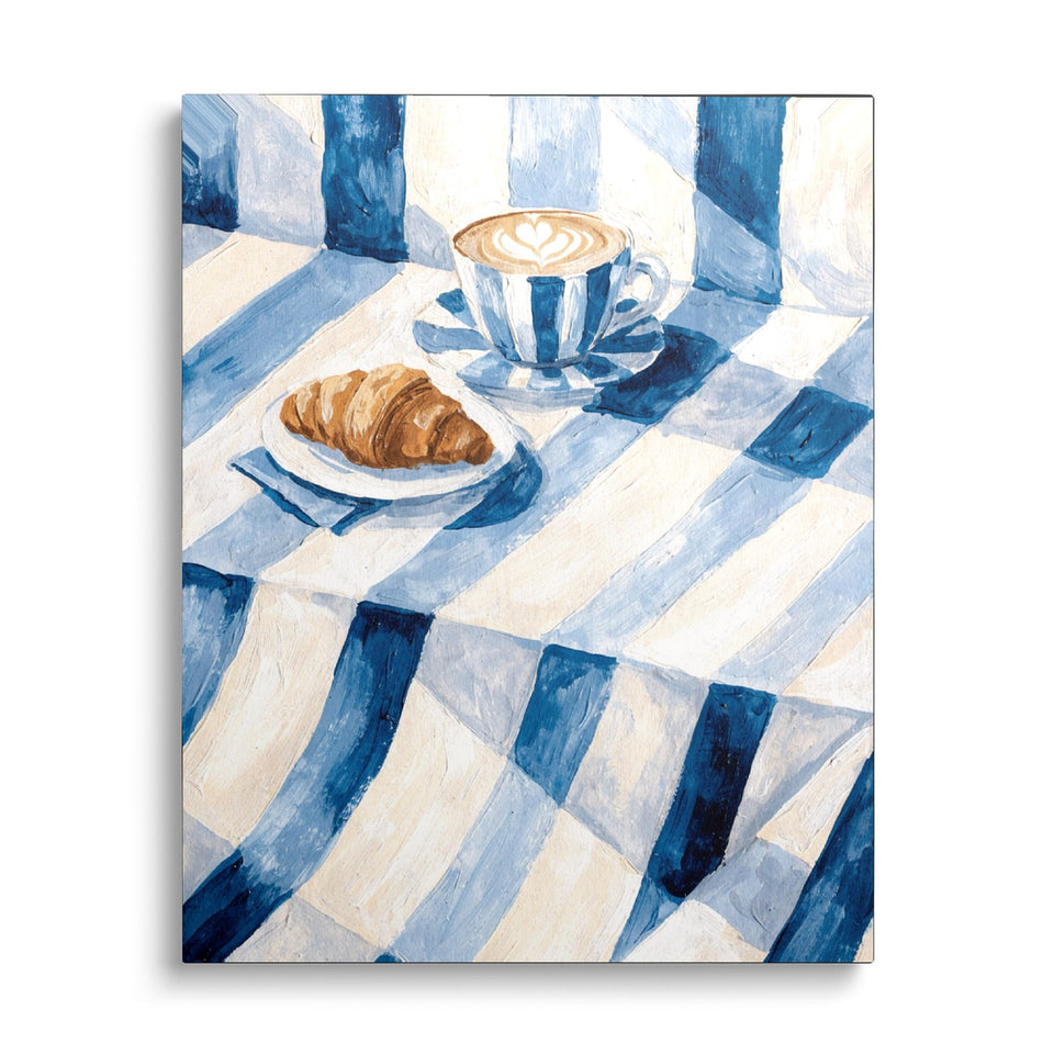 Toile Café Crème vue de face sur fond blanc : aquarelle d’un café crème et d’un croissant sur une nappe à rayures bleues et blanches