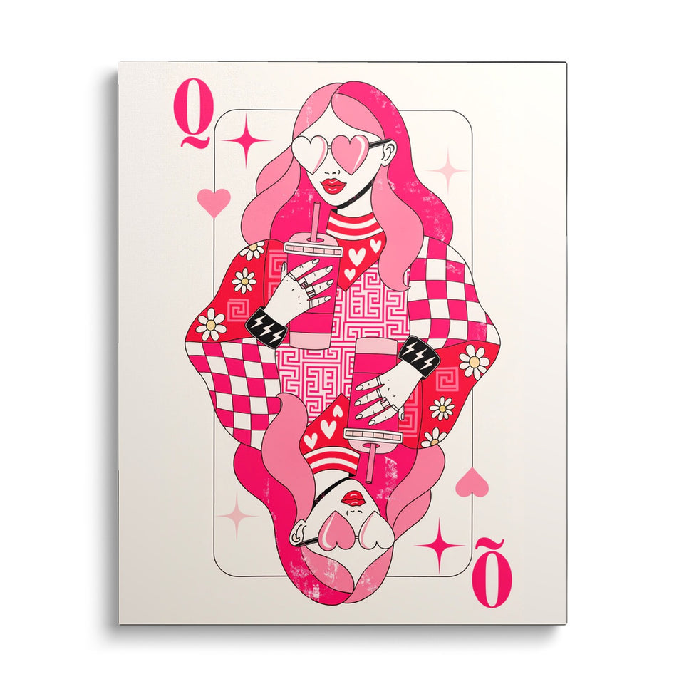 Toile Dame de Cœur vue de face sur fond blanc : carte à jouer illustrée : dame de cœur aux cheveux roses et lunettes en forme de cœur, en rose et rouge