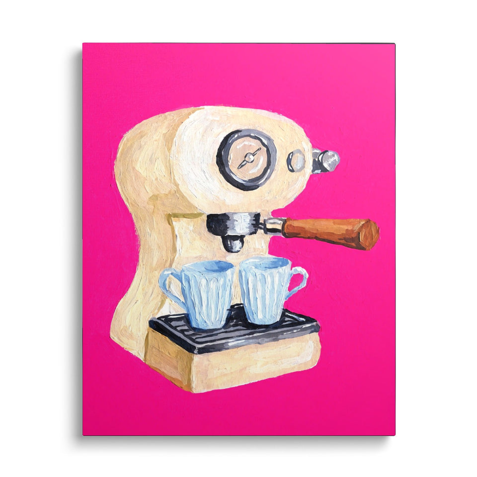 Toile Double Espresso vue de face sur fond blanc : machine à expresso crème et deux tasses bleues peintes sur fond fuchsia