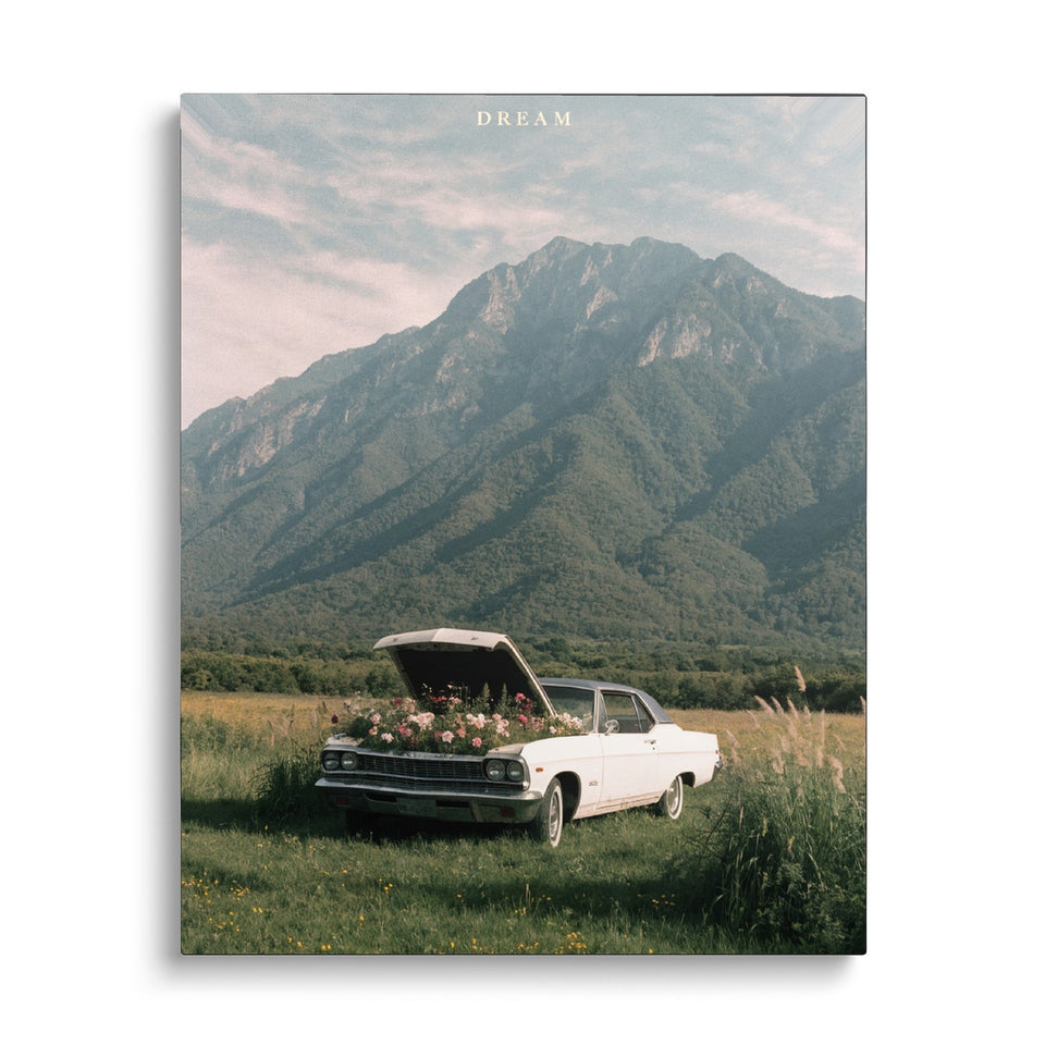 Toile Dream vue de face sur fond blanc : photographie d’une voiture blanche ancienne au capot ouvert rempli de fleurs, dans une prairie au pied d’une montagne verte