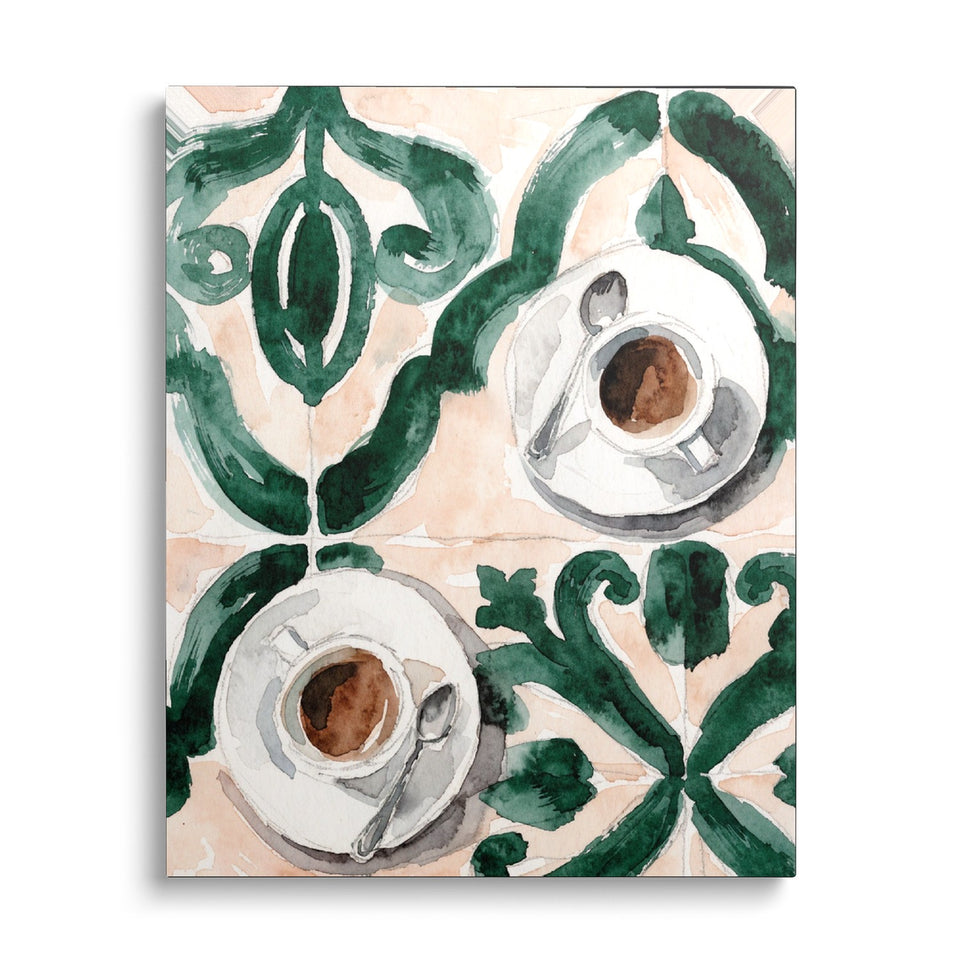Toile Due Caffè vue de face sur fond blanc : aquarelle de deux tasses d’expresso posées sur des carreaux de faïence verts et roses