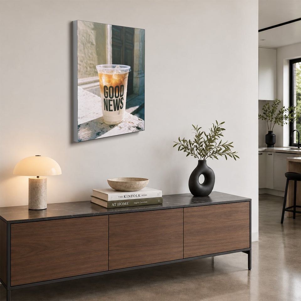 Toile Good News accrochée au-dessus d’un buffet en noyer