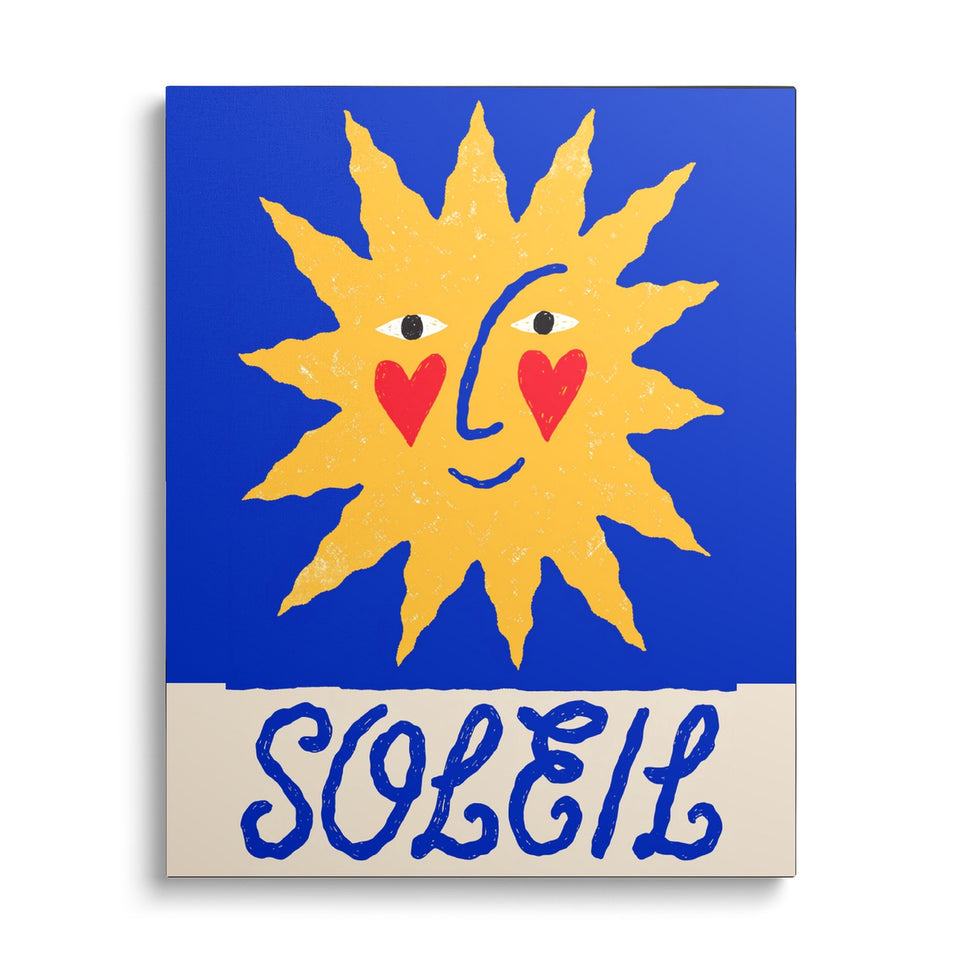 Toile Grand Soleil vue de face sur fond blanc : soleil jaune au visage souriant et joues en cœur sur fond bleu, mot « Soleil » en lettres bleues