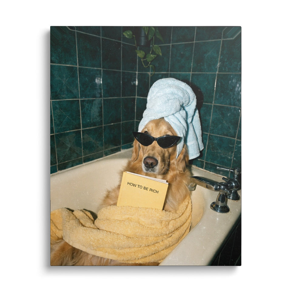 Toile How to Be Rich vue de face sur fond blanc : photographie d’un golden retriever dans une baignoire, serviette en turban et lunettes noires, lisant un livre intitulé « How to be rich »