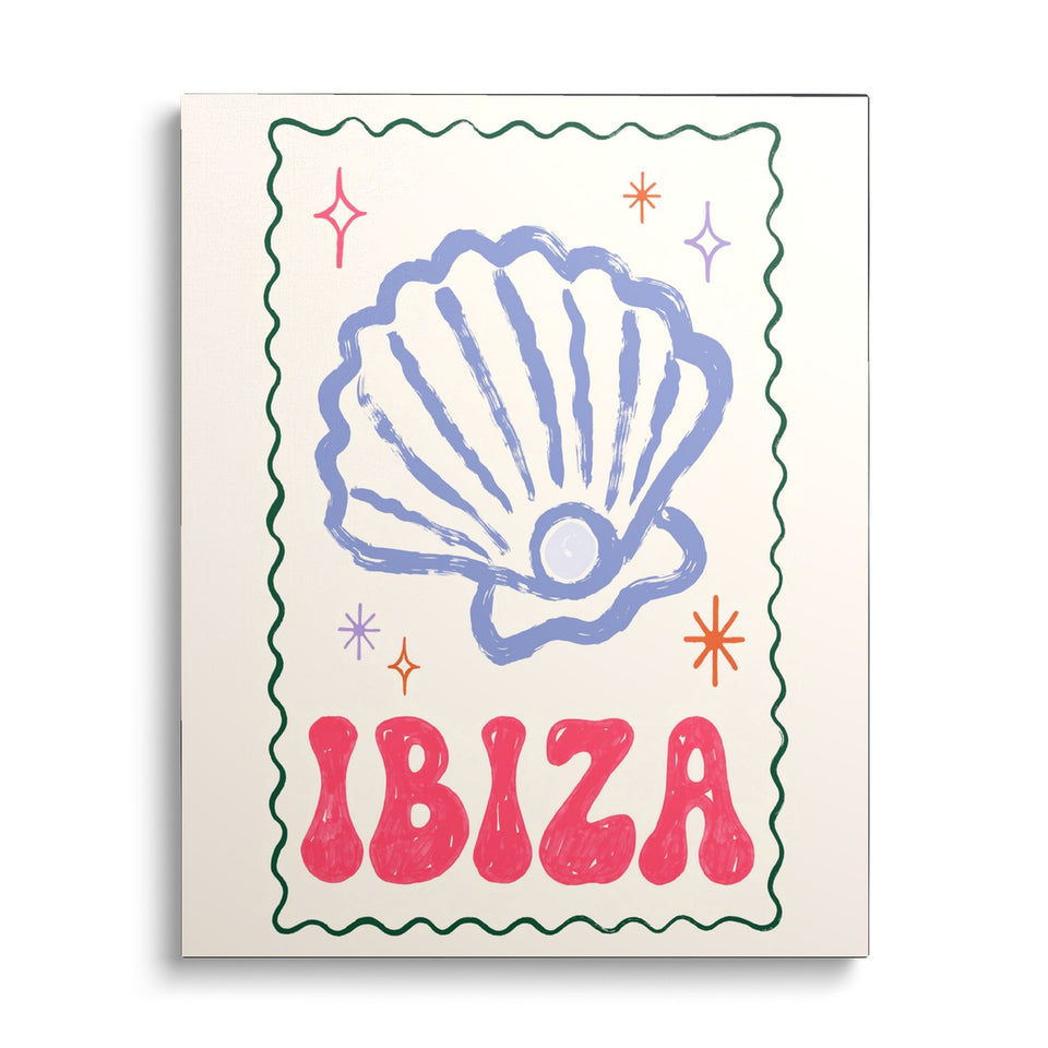 Toile Ibiza vue de face sur fond blanc : coquillage dessiné au trait bleu renfermant une perle, mot « Ibiza » en lettres roses et bordure ondulée