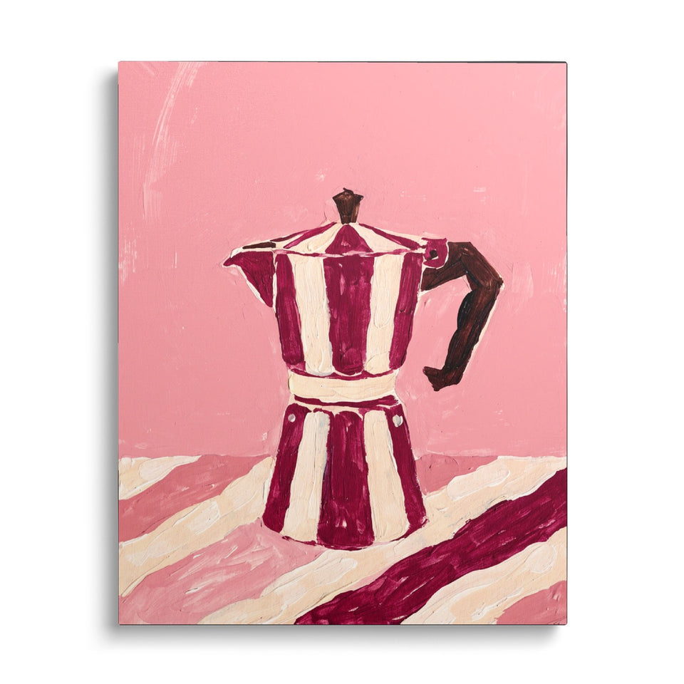 Toile La Moka vue de face sur fond blanc : cafetière italienne à rayures bordeaux et crème peinte sur fond rose