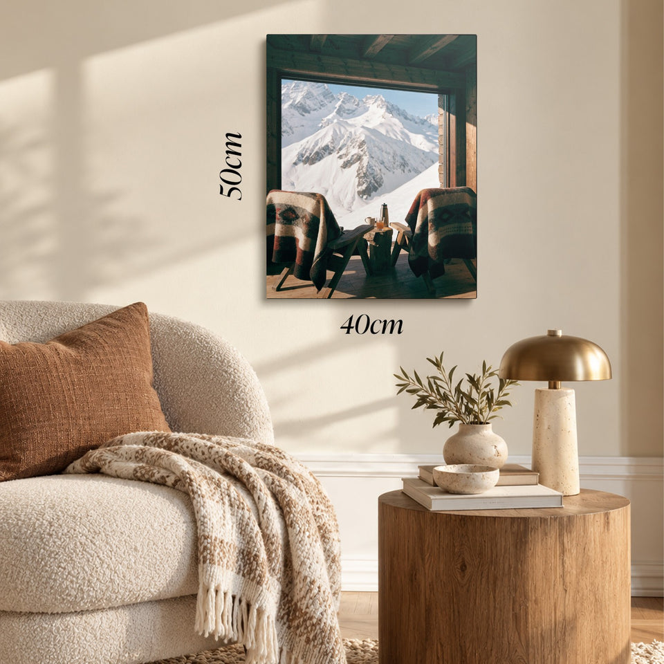 Toile Le Chalet accrochée dans un salon au-dessus d’un canapé, avec ses cotes 40 × 50 cm