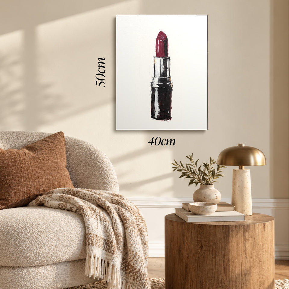 Toile Le Rouge accrochée dans un salon au-dessus d’un canapé, avec ses cotes 40 × 50 cm