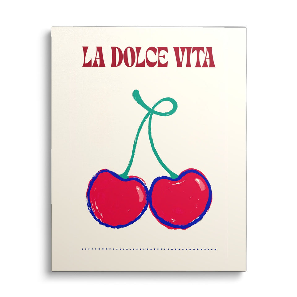 Toile Les Cerises vue de face sur fond blanc : deux cerises rouges cernées de bleu, queues vertes nouées, sous l’inscription « La dolce vita »