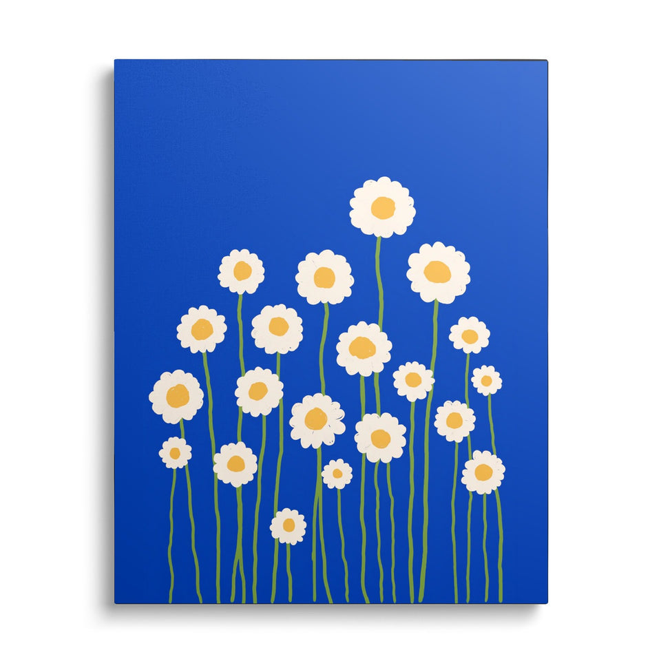 Toile Les Marguerites vue de face sur fond blanc : bouquet de marguerites blanches à cœur jaune sur fond bleu roi