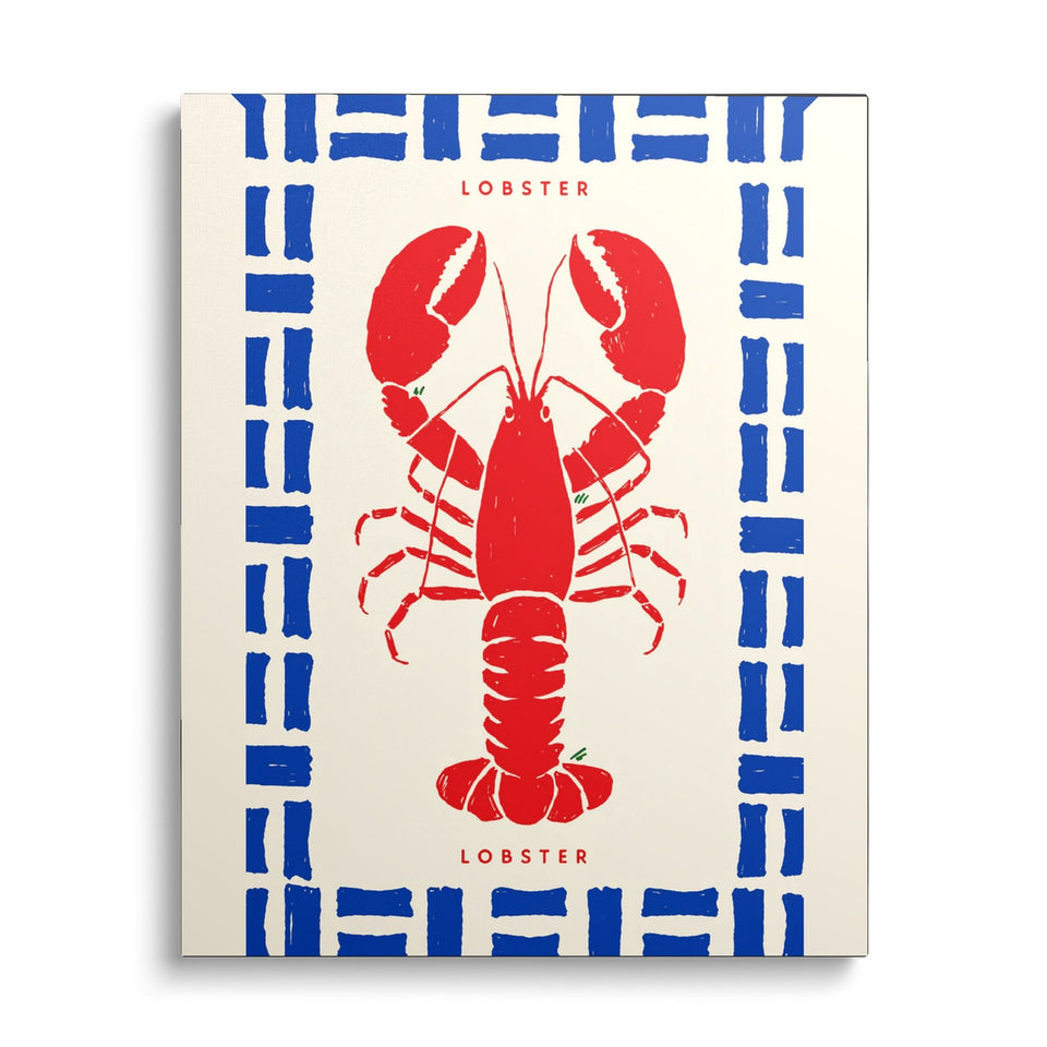 Toile Lobster vue de face sur fond blanc : homard rouge vif dans un cadre de traits bleus peints, avec l’inscription « Lobster »