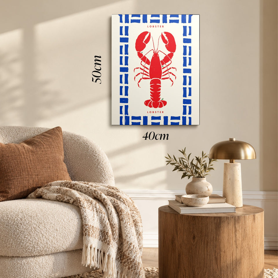 Toile Lobster accrochée dans un salon au-dessus d’un canapé, avec ses cotes 40 × 50 cm