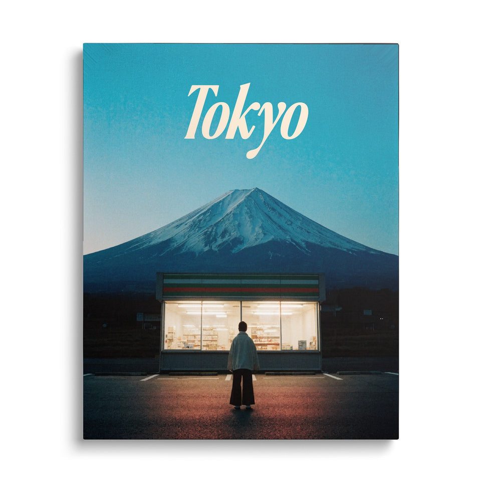 Toile Mont Fuji vue de face sur fond blanc : photographie du mont Fuji au crépuscule derrière une supérette éclairée, une silhouette de dos, avec « Tokyo » en lettres crème