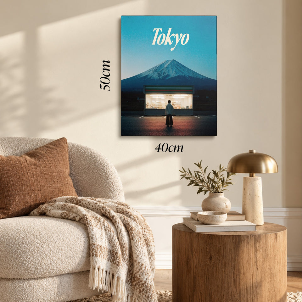 Toile Mont Fuji accrochée dans un salon au-dessus d’un canapé, avec ses cotes 40 × 50 cm