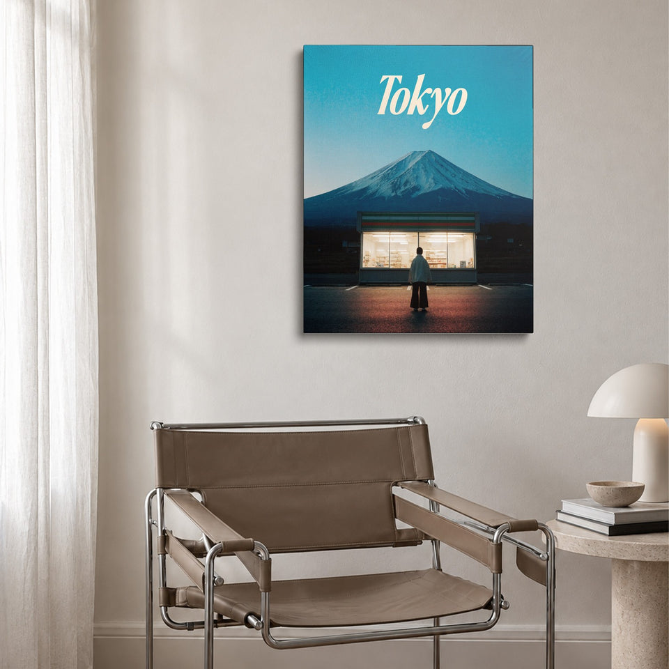 Toile Mont Fuji accrochée au-dessus d’un fauteuil en cuir et acier