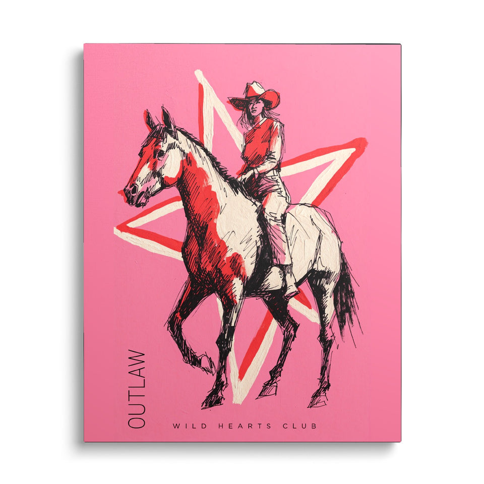 Toile Outlaw vue de face sur fond blanc : cavalière au chapeau de cow-boy sur un cheval dessiné au trait, étoile rouge et fond rose