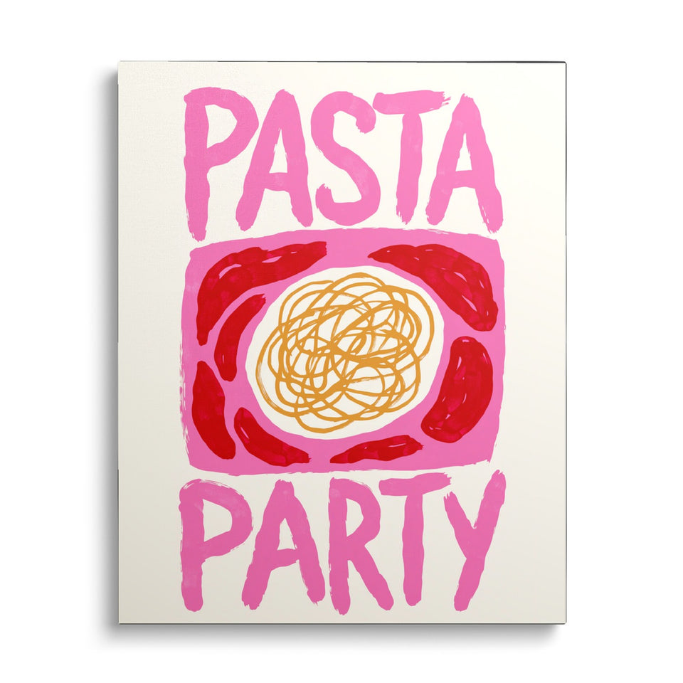 Toile Pasta Party vue de face sur fond blanc : lettrage rose « Pasta Party » et assiette de spaghettis dans un cadre rouge et rose