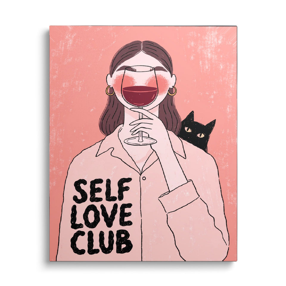 Toile Self Love Club vue de face sur fond blanc : illustration rose d’une femme cachée derrière un verre de vin rouge, un chat noir sur l’épaule