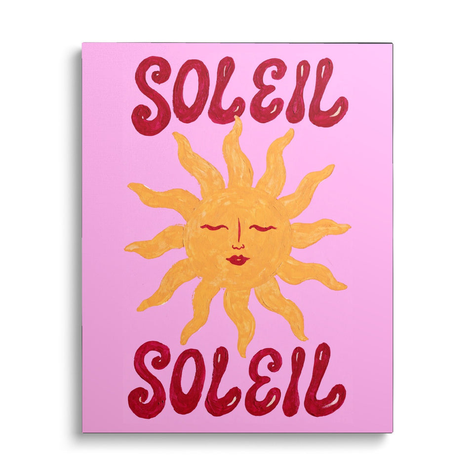 Toile Soleil Soleil vue de face sur fond blanc : soleil orangé au visage endormi entre deux mots « Soleil » en lettres rouges sur fond rose