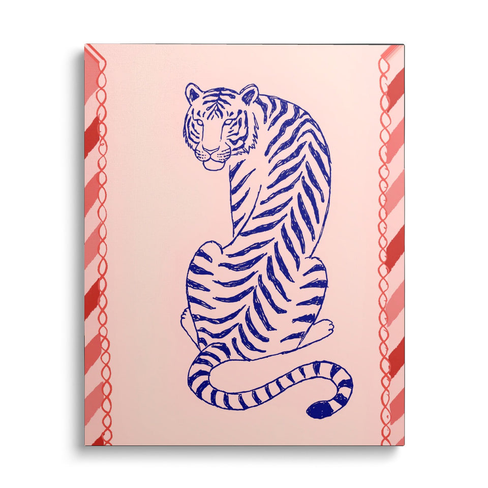 Toile Tigre Bleu vue de face sur fond blanc : tigre dessiné au trait bleu sur fond rose pâle, bordures rayées rouges