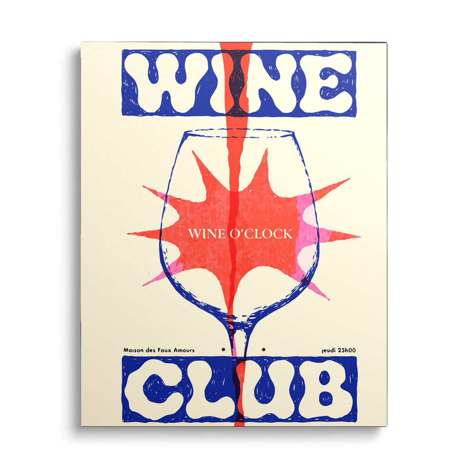 Toile Wine Club vue de face sur fond blanc : affiche « Wine Club » : verre de vin traversé d’un filet rouge et lettres bleues découpées