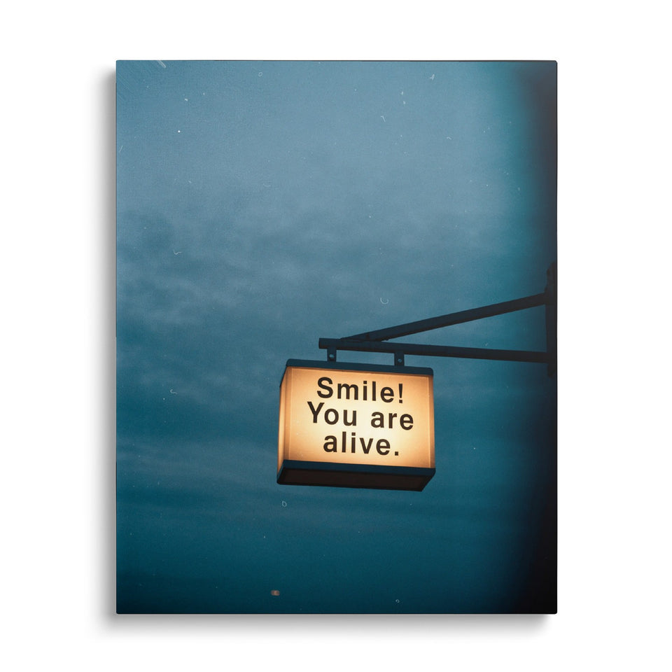 Toile You Are Alive vue de face sur fond blanc : photographie d’une enseigne lumineuse « Smile! You are alive. » suspendue dans un ciel bleu sombre